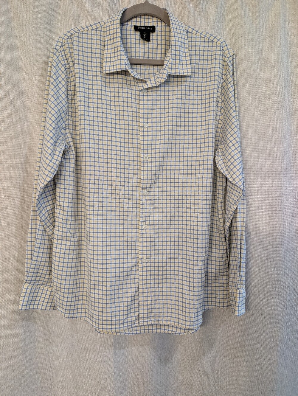 Porter & Ash Men's L Button Up Shirt Blue Yellow Check Windowpane Lyocell Cotton